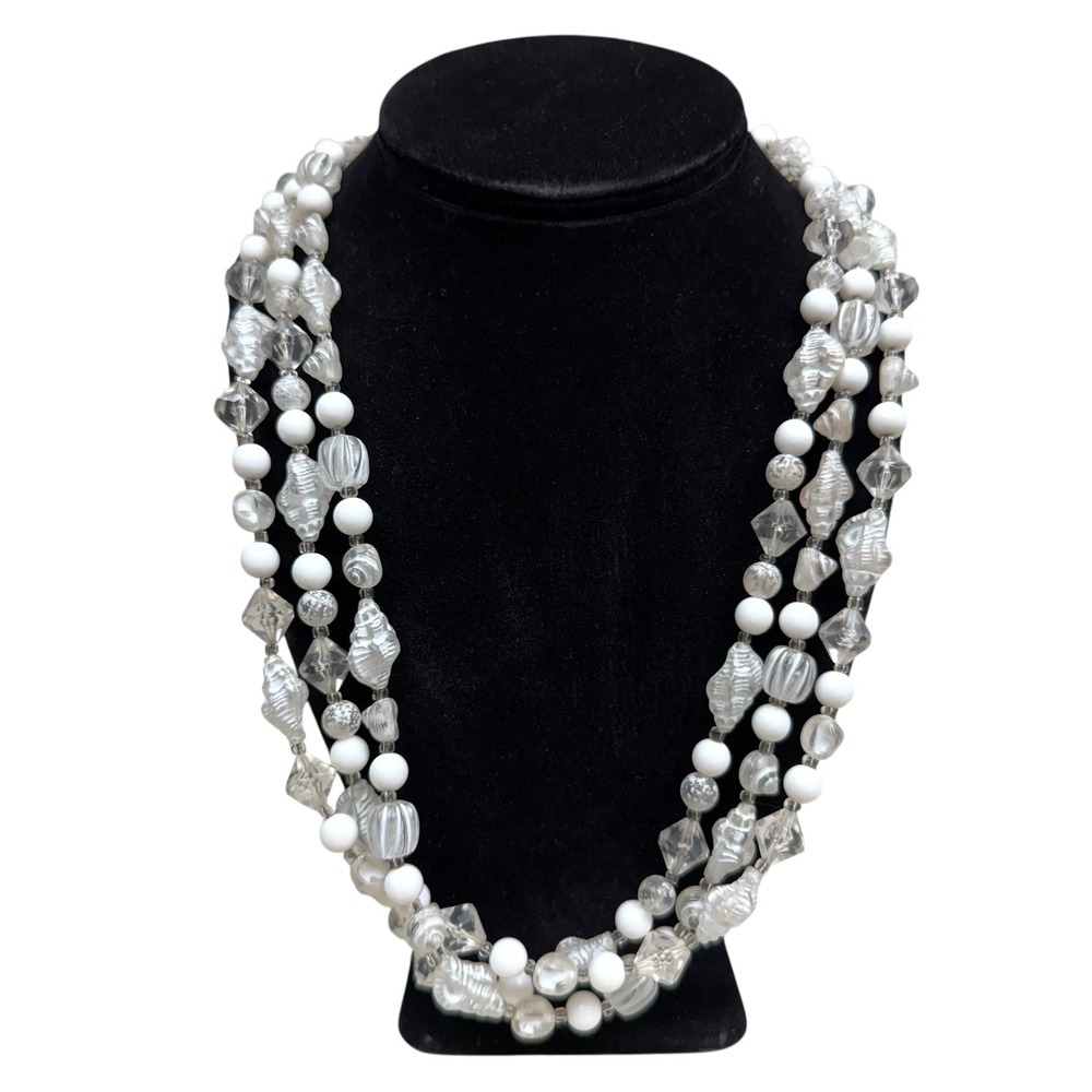 Beaded Chunky Necklace White Clear Conch Three Strand Costume Jewelry 12 in L